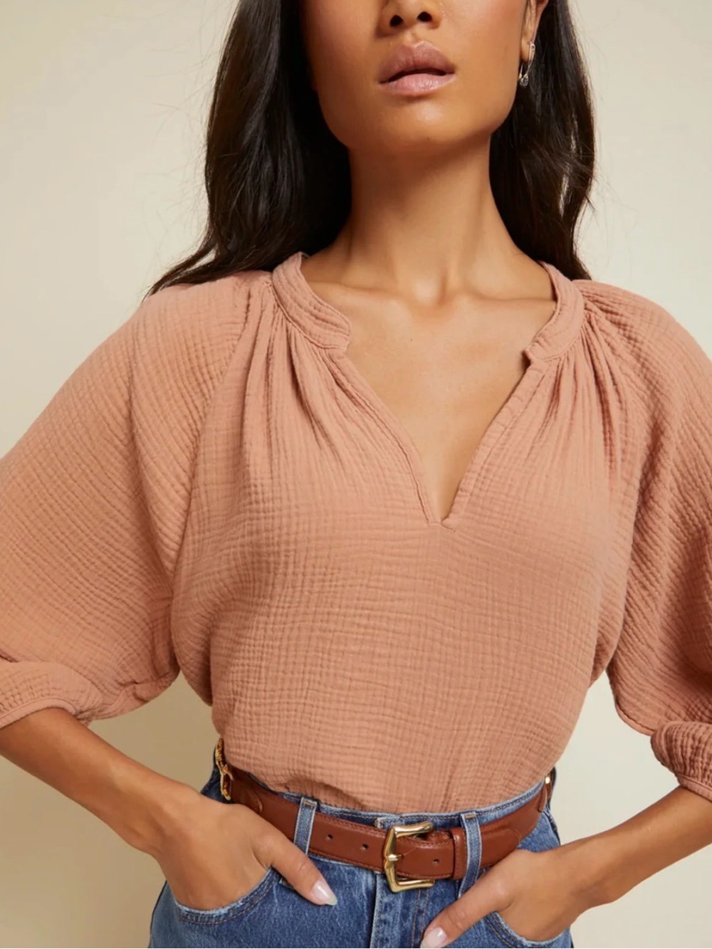 Nation LTD Mimi Gauze Peasant Blouse Top Cherrybomb Terracota V-Neck Size XS